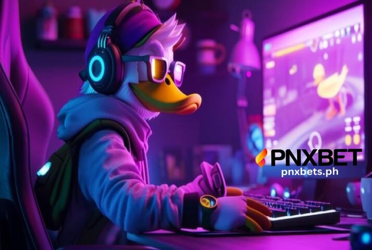 Isang napaka-cool na pato na naglalaro sa kanyang computer ng esports at inaaral kung paano gumaganap ang wagering requirments naka suot pa ito ng salamin at naka jacket ba ito na parang isang cool na kabataan na naglalaro ng kanyang computer.